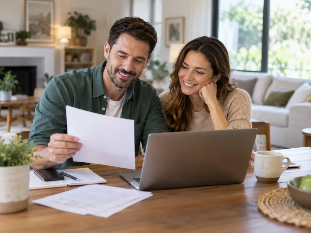 Couple reviewing documentation and coverage for their home insurance