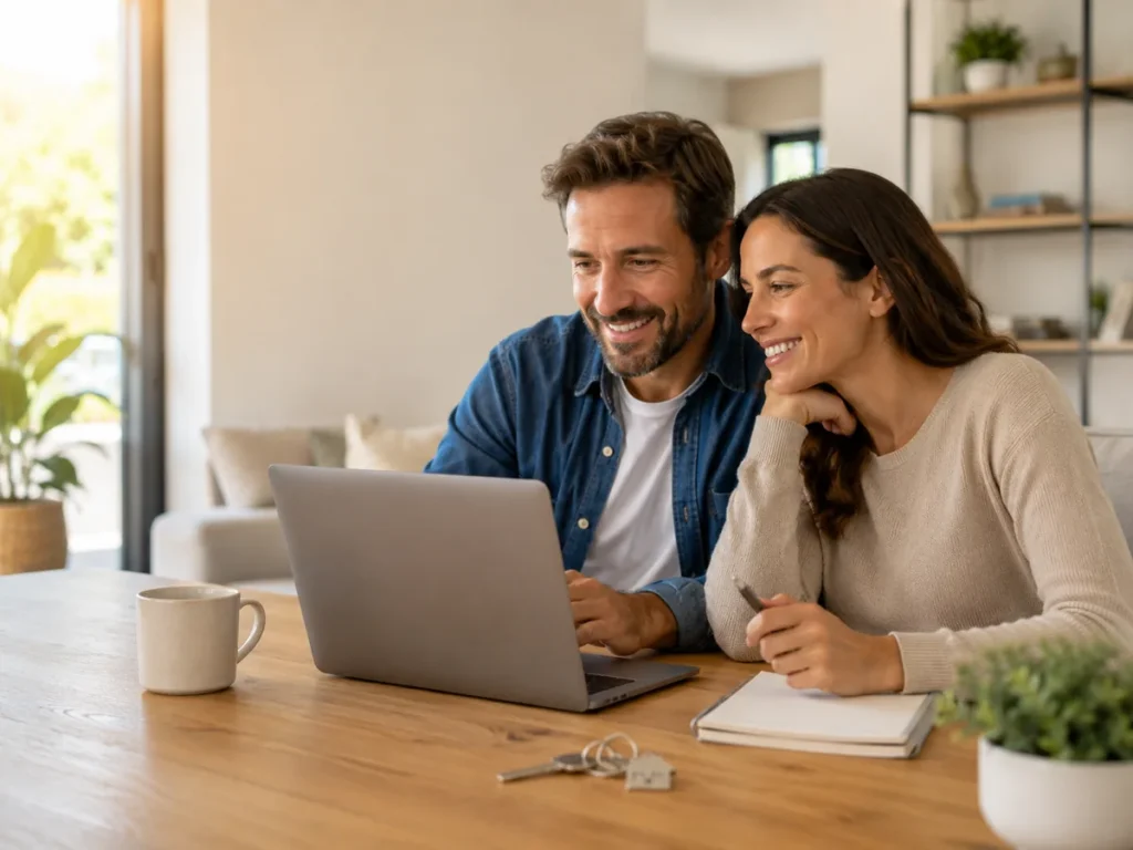 Couple calculating their home insurance coverage from home