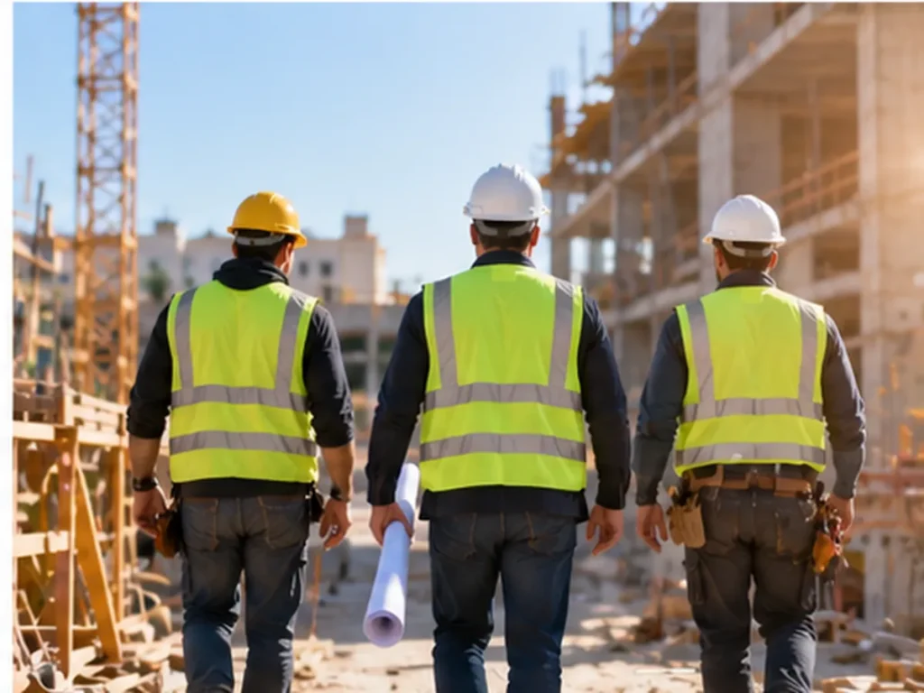 Equipo técnico coordinando trabajos y medidas de protección en una obra