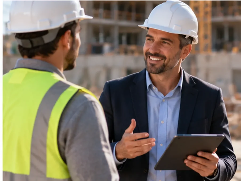 Profesionales revisando planos y riesgos asociados a un proyecto de construcción