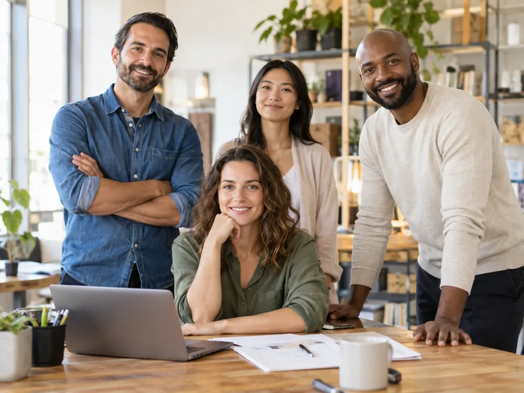 Equipo de profesionales en una empresa protegida ante posibles imprevistos