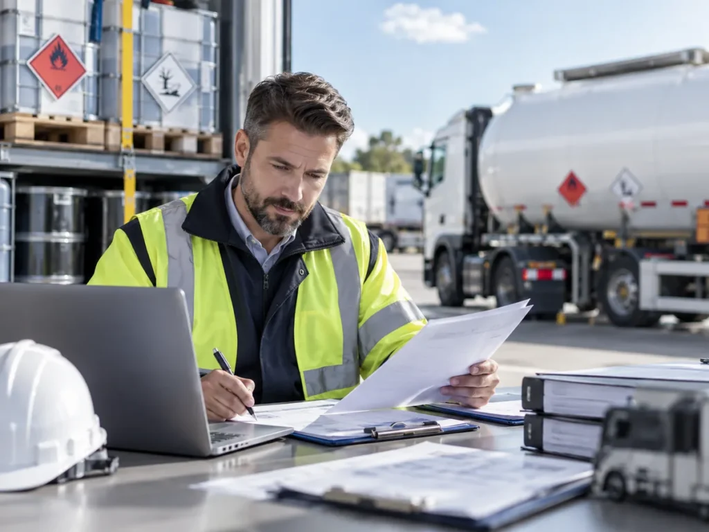 Profesional revisando riesgos y documentación para el transporte de mercancías peligrosas